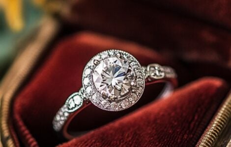 Elegant vintage engagement ring resting in an heirloom box, symbolizing a timeless love story, featuring old-world craftsmanship and a sparkling center stone.