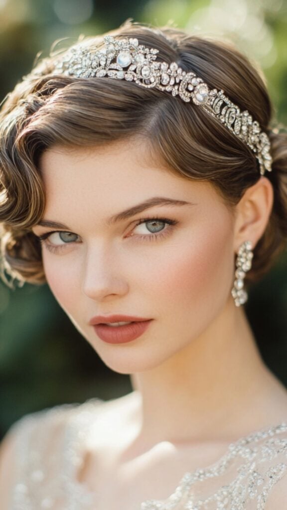 A close-up of a bride’s short hair styled in vintage finger waves, glossy and sculpted. She pairs the look with a beaded art deco gown and a jeweled headband.