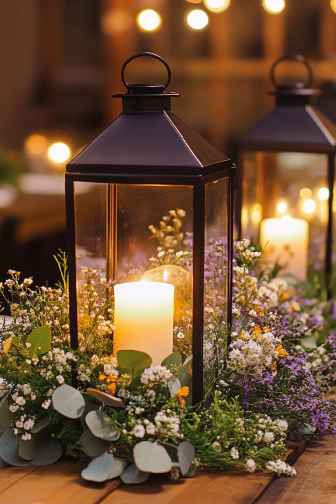Antique lanterns with glowing LED candles surrounded by wildflower bouquets, sprigs of eucalyptus, lavender, and baby’s breath on a banquet-style table.