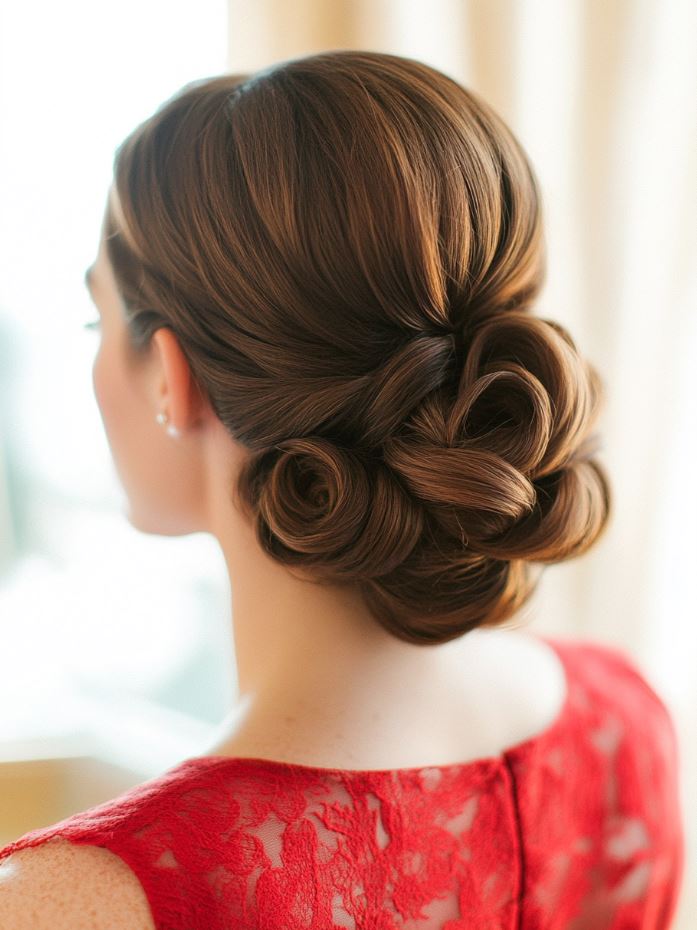 Bridesmaid with a vintage roll updo, hair smoothly rolled and tucked for a glamorous, old-Hollywood-inspired hairstyle.