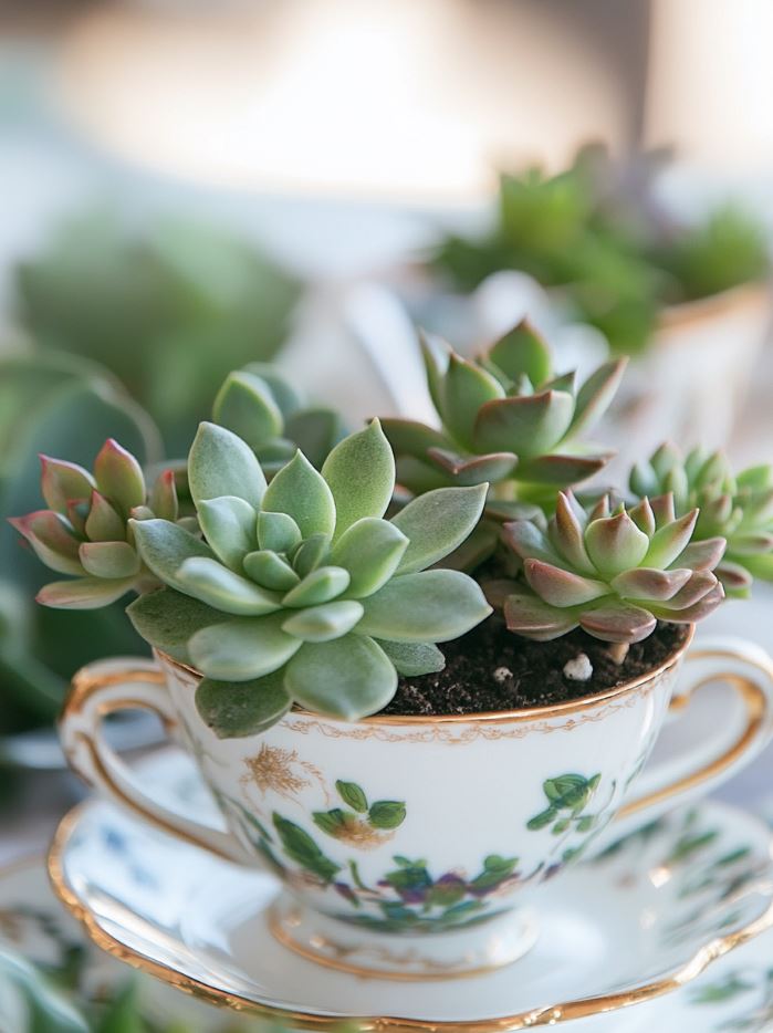 Vintage teacups filled with small succulent plants, offering a quirky and charming centerpiece perfect for a boho wedding with a personal touch.