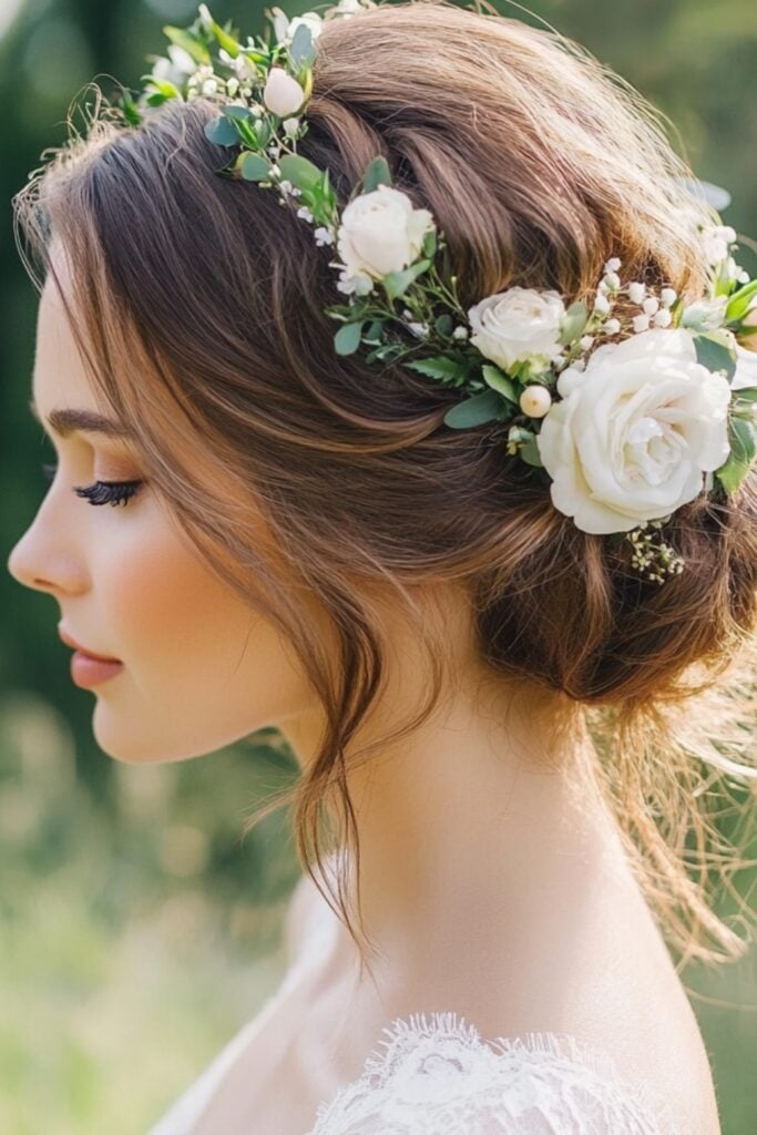 Photo of a bridesmaid with a soft, voluminous low bun created from loose waves, with face-framing tendrils and a floral headpiece for a whimsical effect.