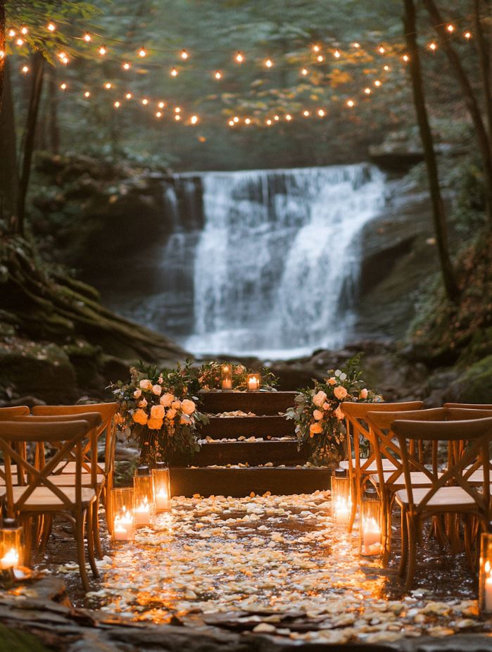 Intimate waterfall wedding with cascading water, wooden chairs, and fairy lights adding a romantic ambiance to the ceremony.