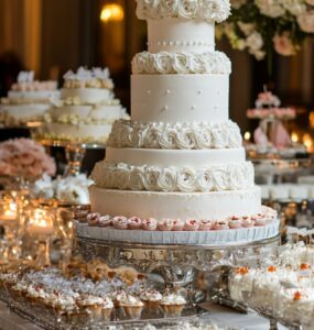 A wedding cake table styled with elegant décor and treats, serving as the centerpiece for a beautifully designed celebration.