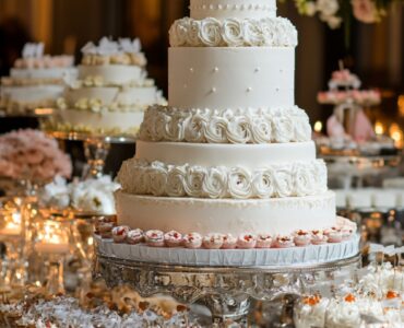 A wedding cake table styled with elegant décor and treats, serving as the centerpiece for a beautifully designed celebration.