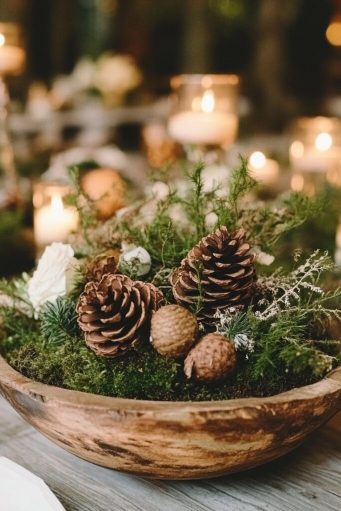 A rustic wooden bowl filled with moss, branches, pinecones, and wildflowers, placed on a boho-themed reception table with votive candle holders.