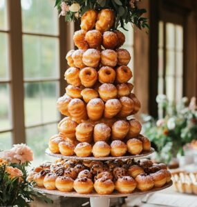 Alternative wedding desserts such as a croquembouche, donut tower, and pie table, representing unique and personalized wedding dessert options