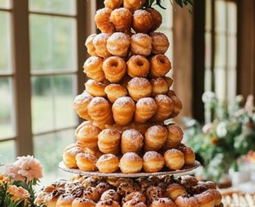 Alternative wedding desserts such as a croquembouche, donut tower, and pie table, representing unique and personalized wedding dessert options