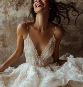 A joyful bride wearing a unique wedding dress that reflects her individual style, symbolizing how alternative bridal fashion celebrates personal stories and originality.