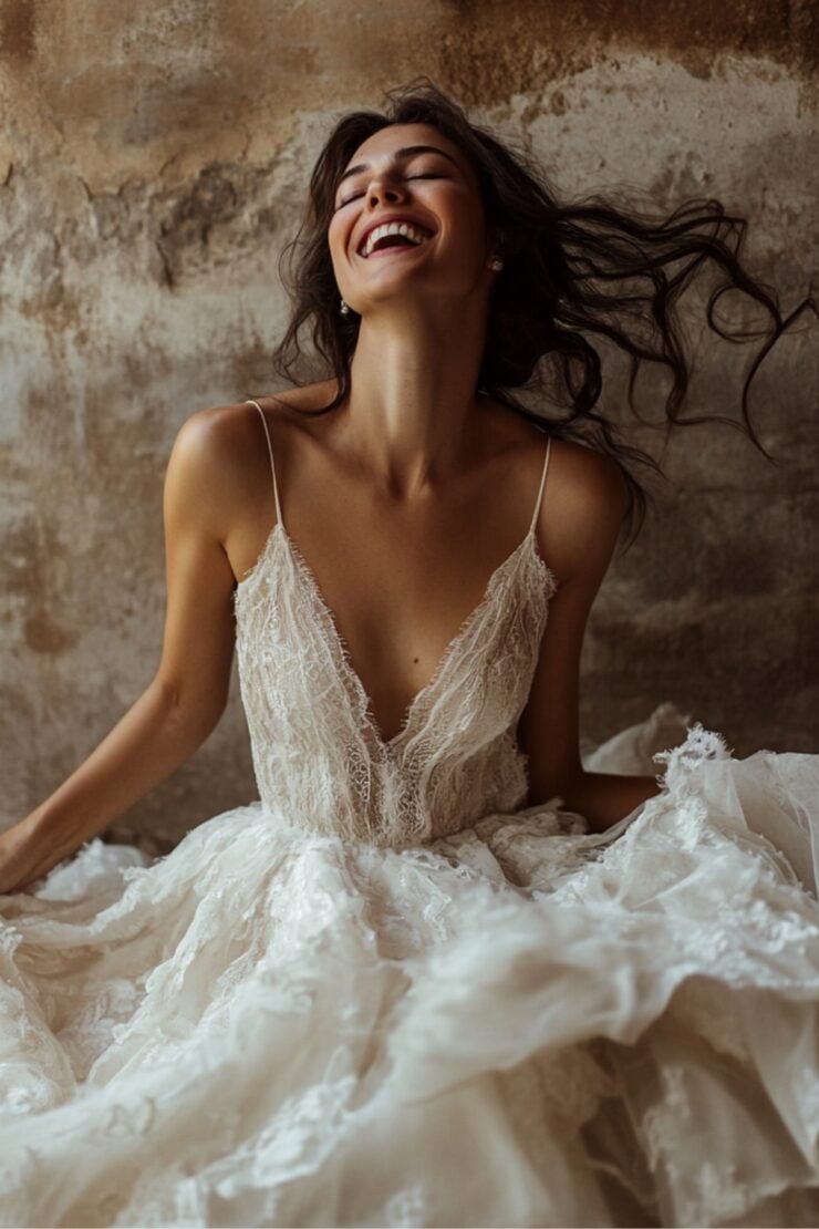 A joyful bride wearing a unique wedding dress that reflects her individual style, symbolizing how alternative bridal fashion celebrates personal stories and originality.