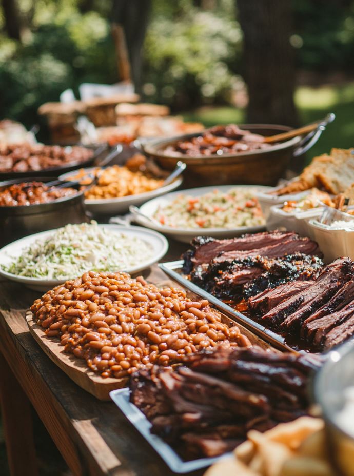 Wedding buffet featuring pulled pork, smoked brisket, coleslaw, baked beans, and cornbread, set outdoors for a rustic celebration.
