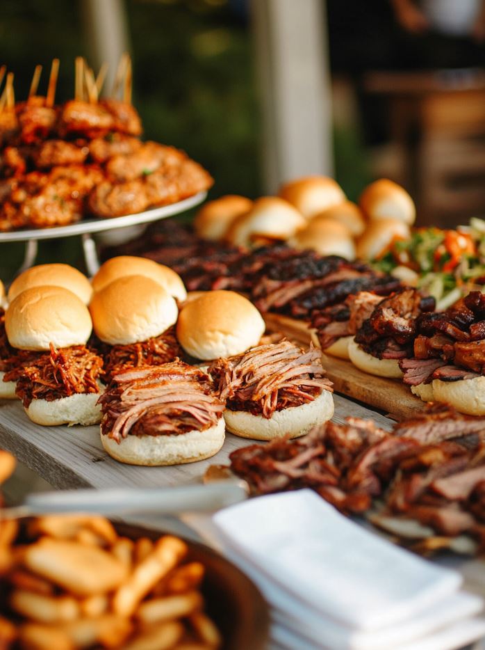 A BBQ slider bar at a wedding reception with small buns and a variety of BBQ meats like pulled pork, brisket, or chicken, along with traditional BBQ sides.