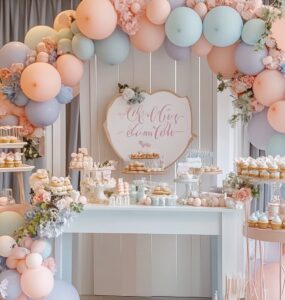 A pastel-colored baby shower setup with balloons, a welcome sign, and a decorated dessert table, creating a warm and inviting atmosphere.