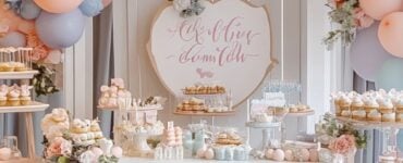 A pastel-colored baby shower setup with balloons, a welcome sign, and a decorated dessert table, creating a warm and inviting atmosphere.