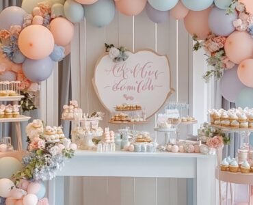 A pastel-colored baby shower setup with balloons, a welcome sign, and a decorated dessert table, creating a warm and inviting atmosphere.