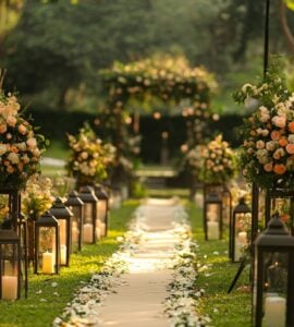A beautifully decorated backyard wedding aisle with floral arrangements, lanterns, and a lush natural setting, creating a romantic and intimate atmosphere.