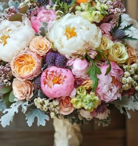 A whimsical backyard wedding bouquet, creatively blending various floral elements to reflect unique styles and personalities.