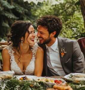 A couple sharing a joyful moment at their backyard wedding brunch, surrounded by loved ones, with beautiful decor and delicious food creating a magical atmosphere.