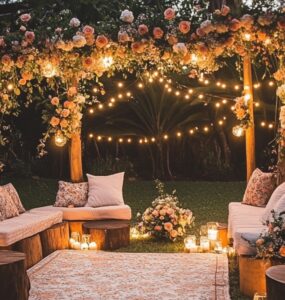 A beautifully decorated backyard wedding setup with a floral arch, string lights, and rustic wooden seating, creating a dreamy and intimate outdoor atmosphere.