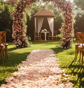 A beautifully decorated backyard wedding setup featuring a floral arch, wooden chairs, and a petal-lined aisle under soft natural sunlight.
