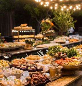 A beautifully decorated backyard wedding reception with string lights, rustic wooden tables, and an elegant food spread, creating a cozy and inviting atmosphere.