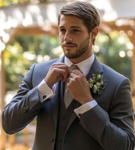 A groom adjusting his tie while standing in a beautifully decorated backyard wedding venue, ready for the ceremony.