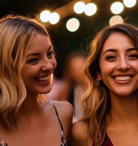 A group of wedding guests in stylish dresses, smiling and enjoying the outdoor celebration under string lights.