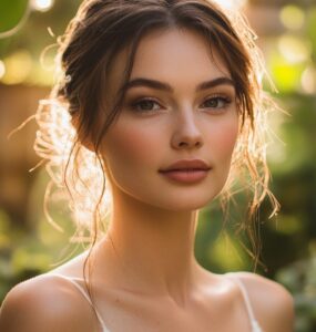 A bride with soft, natural makeup, standing in a sunlit backyard garden, surrounded by greenery and fairy lights. Her skin looks radiant, and her makeup enhances her natural beauty.