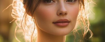 A bride with soft, natural makeup, standing in a sunlit backyard garden, surrounded by greenery and fairy lights. Her skin looks radiant, and her makeup enhances her natural beauty.