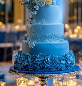 A beautifully designed blue wedding cake displayed at a reception, surrounded by elegant décor, candles, and floral arrangements, ready to impress guests.