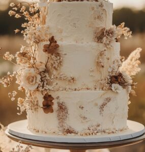 A beautiful boho wedding cake displayed at a dreamy outdoor reception, featuring rustic textures, dried florals, and elegant handmade details.