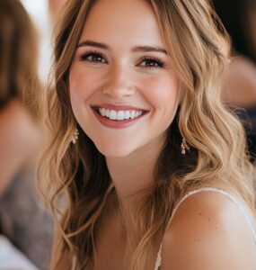 A bride-to-be with glowing skin, soft pink lips, and delicate eye makeup smiling at her bridal shower, surrounded by flowers and friends.
