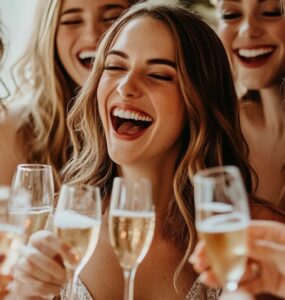 Warm and joyful photo of a bride-to-be surrounded by her friends and family, all laughing and toasting with champagne, capturing the essence of a perfect bridal shower celebration.