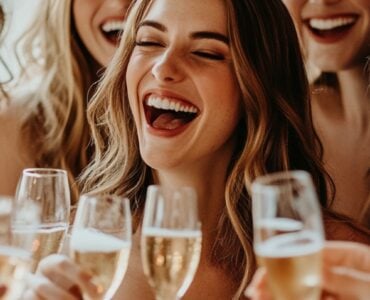 Warm and joyful photo of a bride-to-be surrounded by her friends and family, all laughing and toasting with champagne, capturing the essence of a perfect bridal shower celebration.