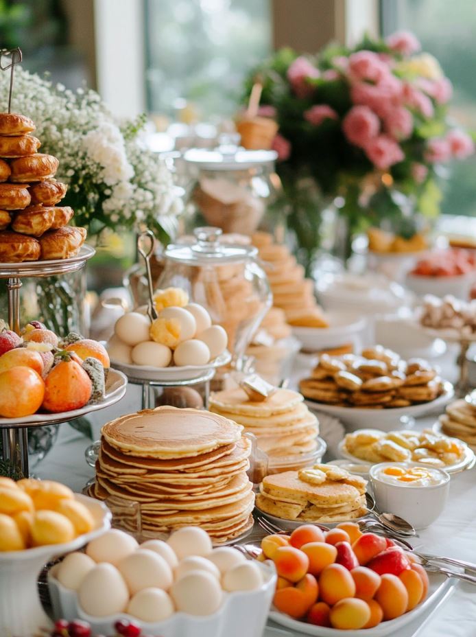 Brunch wedding buffet featuring pancakes, fresh fruit, eggs, and a coffee station set in a bright, morning-lit venue.