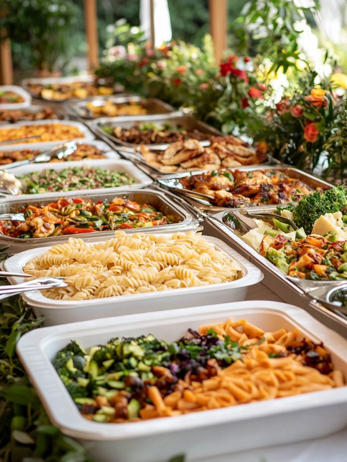 Wedding buffet setup with a variety of dishes including pasta, salads, grilled chicken, and roasted vegetables for guests to serve themselves.