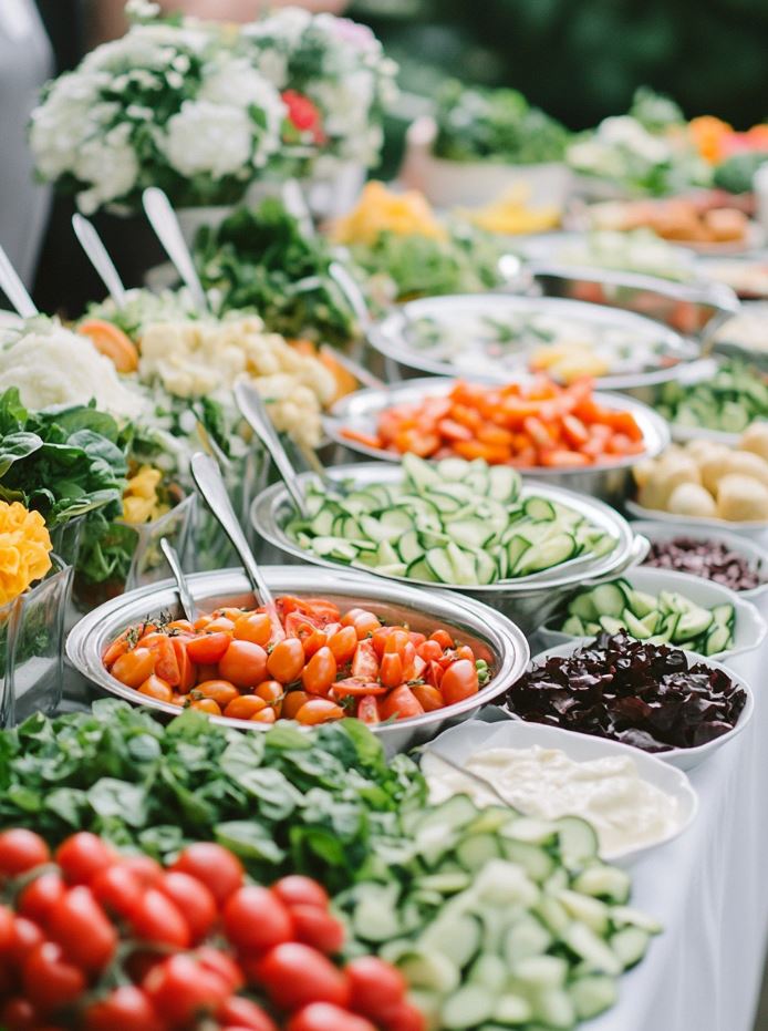 A DIY salad bar at a wedding reception with a variety of fresh greens, toppings like cherry tomatoes, cucumbers, and dressings for guests to customize their salads.