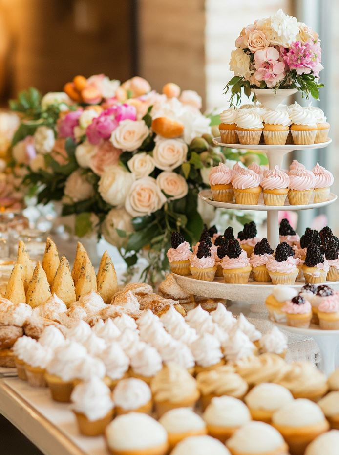 Wedding dessert table featuring a donut wall, cupcake tower, and ice cream bar, offering guests a variety of sweet treats.