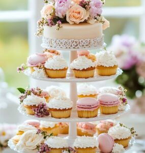 An elegant wedding cake made using affordable Dollar Tree supplies, featuring a variety of budget-friendly DIY dessert ideas, including tiered cakes, cupcake towers, and creative alternatives like mason jar cakes and macaron displays.