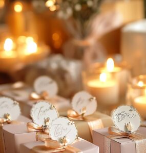 A beautifully decorated wedding table with small, elegant wedding favors such as candles, gift boxes, and personalized tags, arranged stylishly.