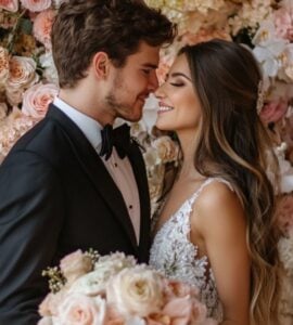 A bride and groom standing in front of a beautifully decorated floral backdrop, showcasing budget-friendly wedding flower ideas.