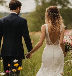 A newlywed couple walking hand in hand through a field of blooming flowers, symbolizing love, renewal, and the joy of spring.