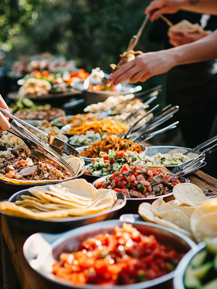 Wedding guests creating their custom tacos at a taco bar with a variety of toppings including salsa, cheese, and seasoned meats.
