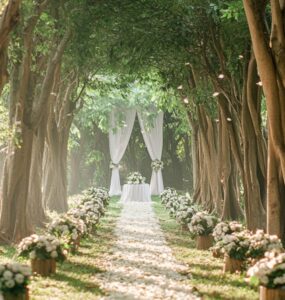 A dreamy forest wedding aisle surrounded by towering trees, with soft sunlight filtering through the leaves, setting a magical and romantic atmosphere.
