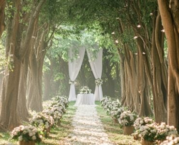 A dreamy forest wedding aisle surrounded by towering trees, with soft sunlight filtering through the leaves, setting a magical and romantic atmosphere.