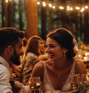 A newlywed couple enjoying their forest brunch celebration, surrounded by friends, family, and nature's beauty, with twinkling lights overhead.
