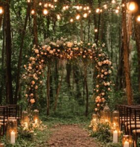 An enchanting forest wedding setup with a floral arch, wooden chairs, and soft string lights hanging between tall trees. The atmosphere is dreamy and romantic, blending seamlessly with nature.