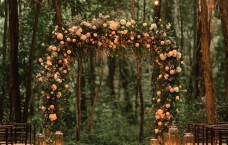 An enchanting forest wedding setup with a floral arch, wooden chairs, and soft string lights hanging between tall trees. The atmosphere is dreamy and romantic, blending seamlessly with nature.