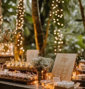 A dreamy forest wedding scene with warm fairy lights, wooden decor, and wedding favors displayed on a rustic table.