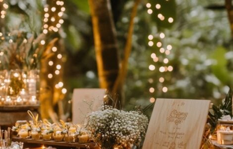 A dreamy forest wedding scene with warm fairy lights, wooden decor, and wedding favors displayed on a rustic table.